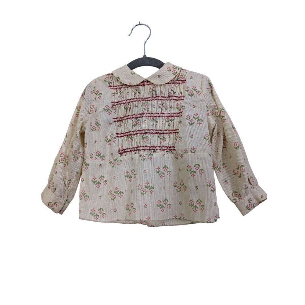 Vintage Polly Flinders Girl 4 Hand Smocked Prairie Cottagecore Top Yellow Floral